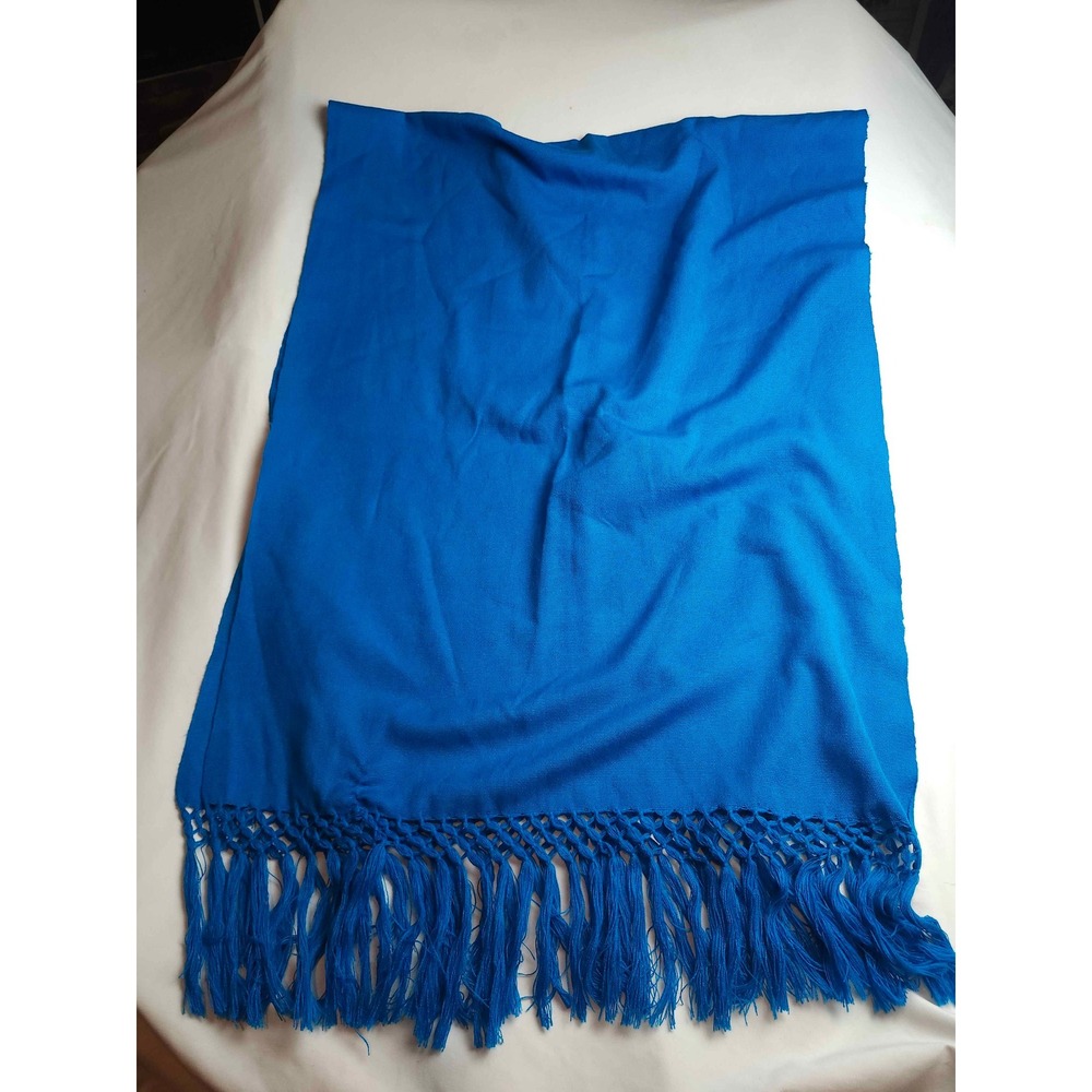 Vibrant Blue Pashmina Wrap Scarf with Knotted Fringe Trim Rectangle Shawl
